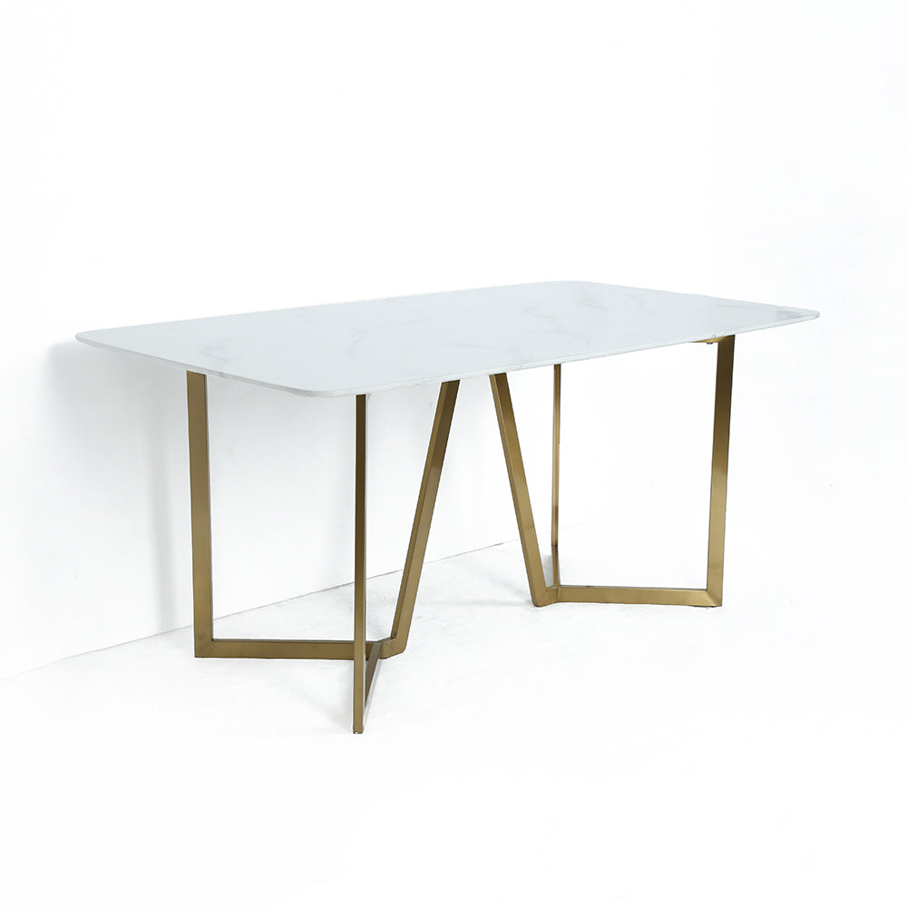 63" Rectangle Modern White Faux Marble Dining Table with Double Pedestal in Gold