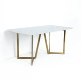 63" Rectangle Modern White Faux Marble Dining Table with Double Pedestal in Gold