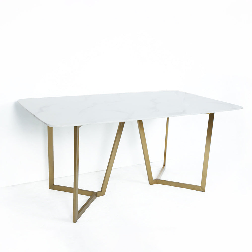 63" Rectangle Modern White Faux Marble Dining Table with Double Pedestal in Gold