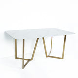 63" Rectangle Modern White Faux Marble Dining Table with Double Pedestal in Gold