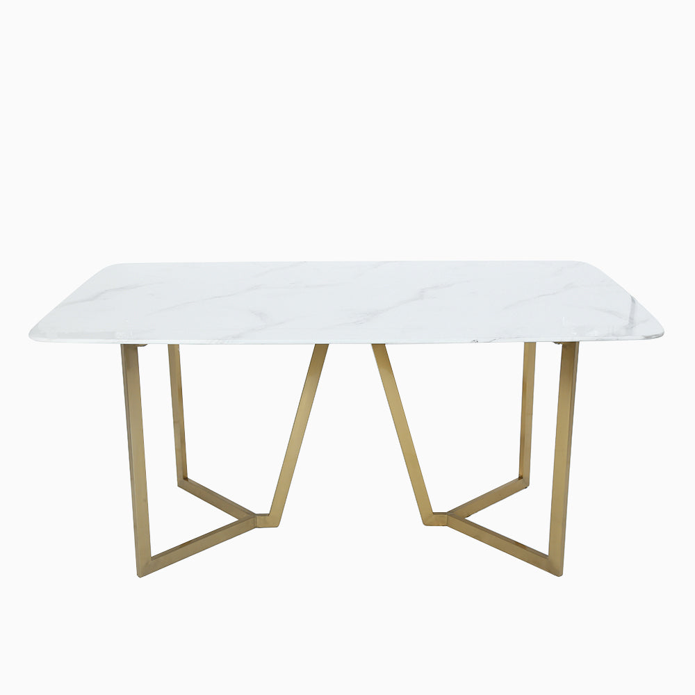 63" Rectangle Modern White Faux Marble Dining Table with Double Pedestal in Gold