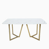 63" Rectangle Modern White Faux Marble Dining Table with Double Pedestal in Gold
