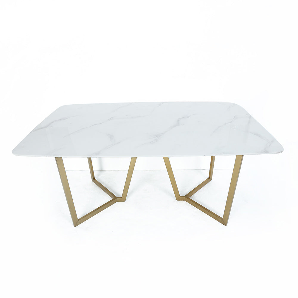 63" Rectangle Modern White Faux Marble Dining Table with Double Pedestal in Gold