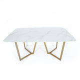 63" Rectangle Modern White Faux Marble Dining Table with Double Pedestal in Gold