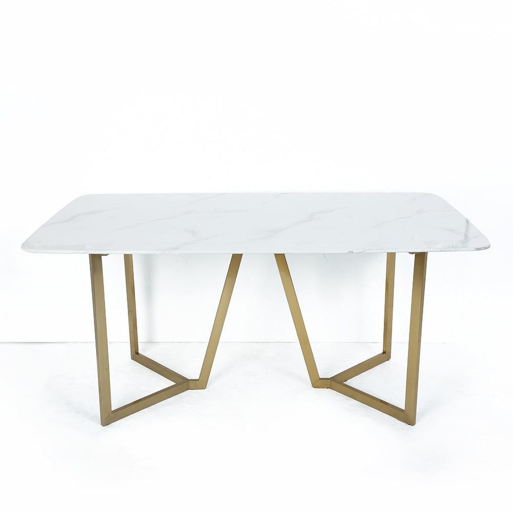 63" Rectangle Modern White Faux Marble Dining Table with Double Pedestal in Gold