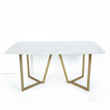 63" Rectangle Modern White Faux Marble Dining Table with Double Pedestal in Gold