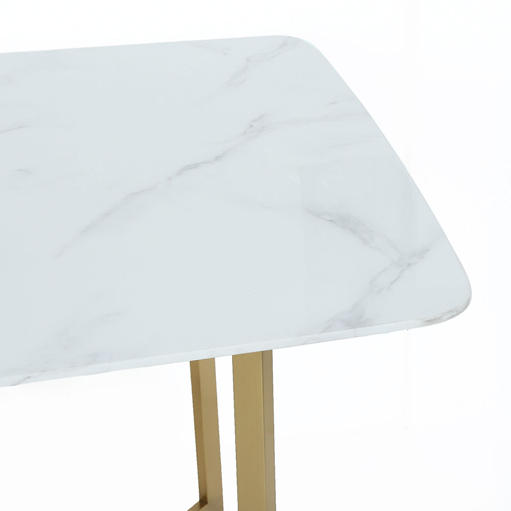 63" Rectangle Modern White Faux Marble Dining Table with Double Pedestal in Gold