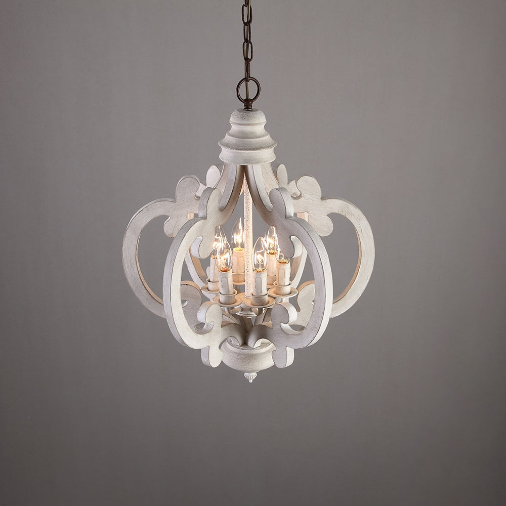 French 6-Light Candle-Style Chandelier Weathered Wood & Iron in Distressed White