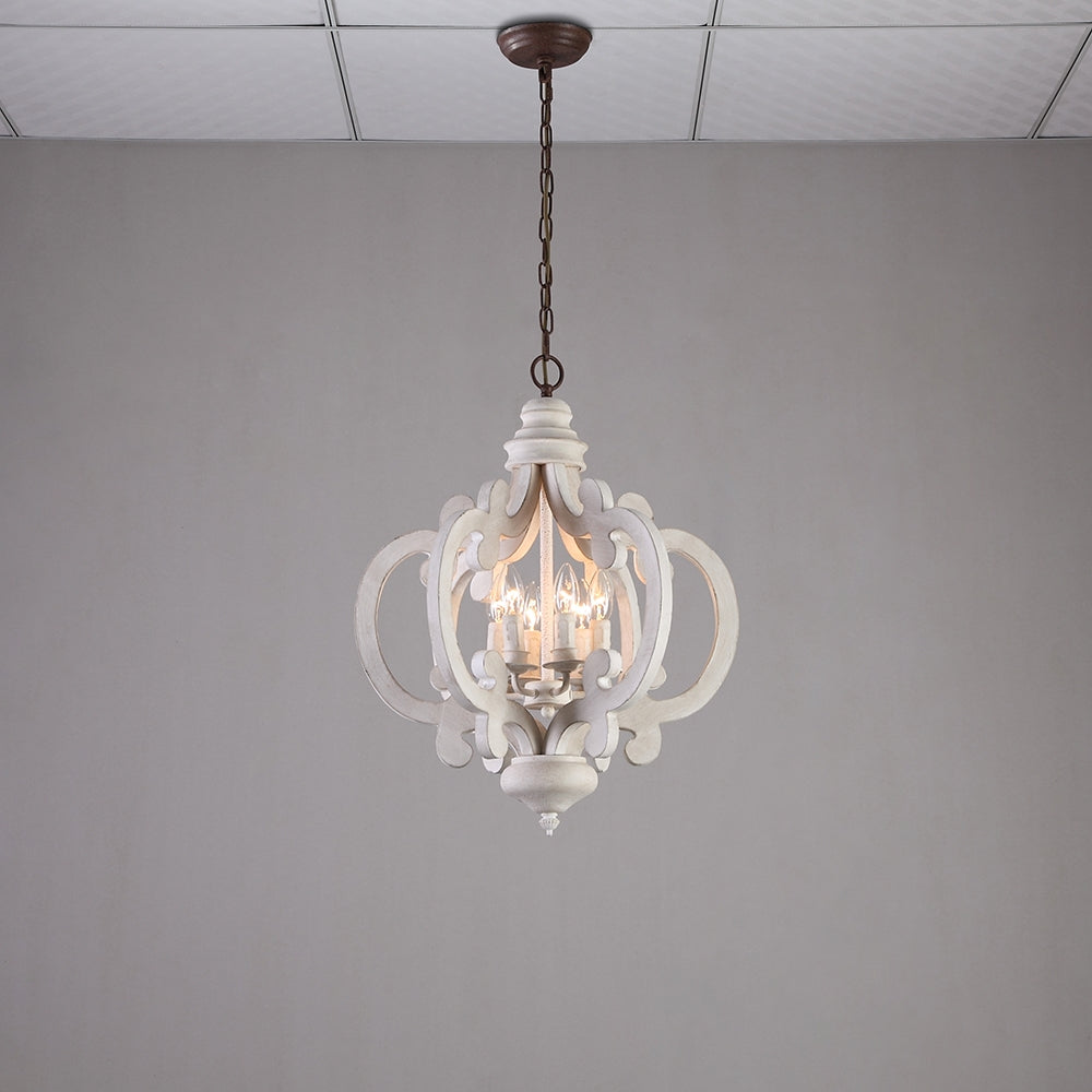 French 6-Light Candle-Style Chandelier Weathered Wood & Iron in Distressed White