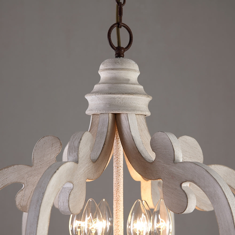 French 6-Light Candle-Style Chandelier Weathered Wood & Iron in Distressed White