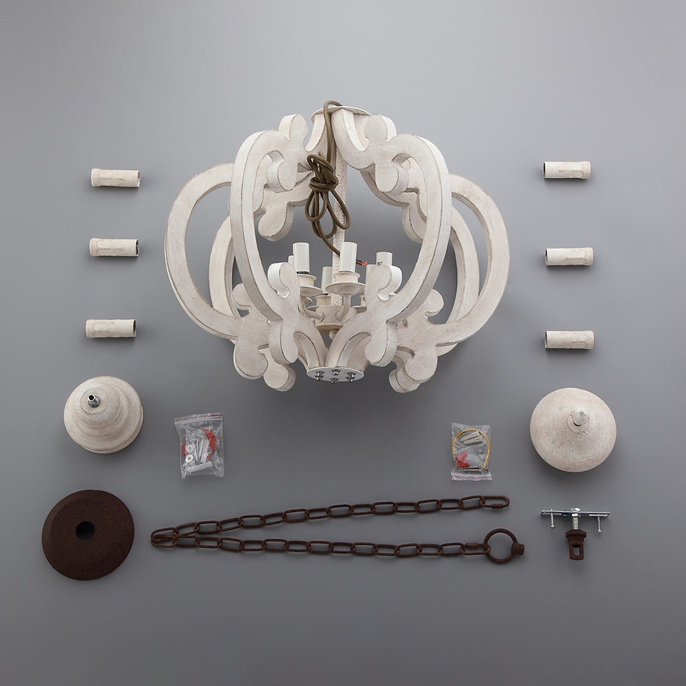 French 6-Light Candle-Style Chandelier Weathered Wood & Iron in Distressed White