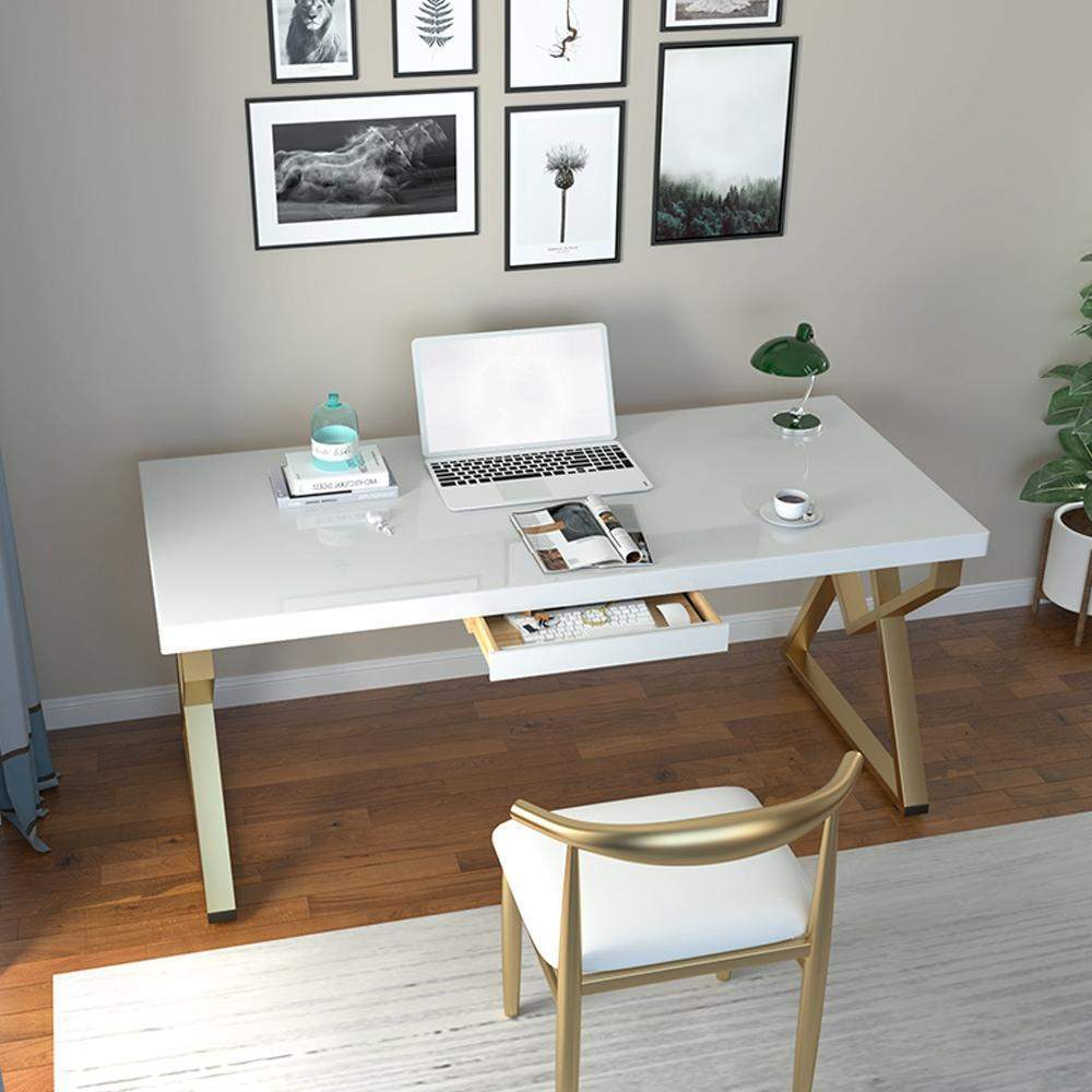 Modern White Writing Desk in Solid Wood & Metal Home Office Desk-Desks,Furniture,Office Furniture