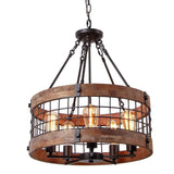 Farmhouse Wood Circular Chandelier Black Metal Cage 5-Light Exposed Bulbs