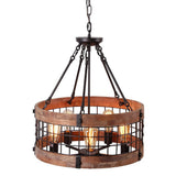 Farmhouse Wood Circular Chandelier Black Metal Cage 5-Light Exposed Bulbs