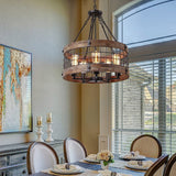 Farmhouse Wood Circular Chandelier Black Metal Cage 5-Light Exposed Bulbs