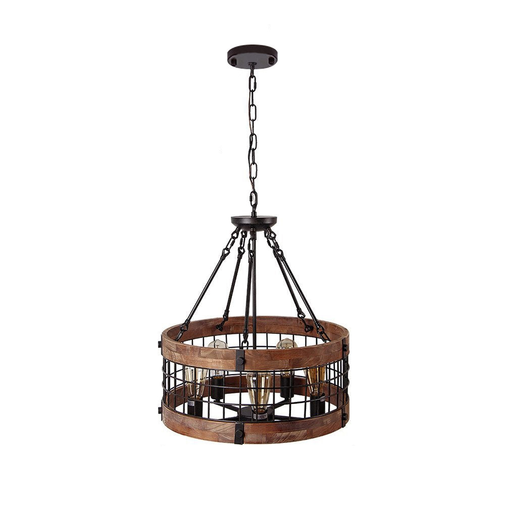 Farmhouse Wood Circular Chandelier Black Metal Cage 5-Light Exposed Bulbs