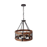 Farmhouse Wood Circular Chandelier Black Metal Cage 5-Light Exposed Bulbs