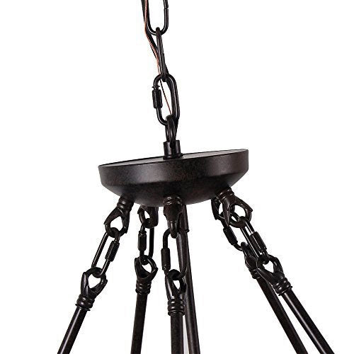 Farmhouse Wood Circular Chandelier Black Metal Cage 5-Light Exposed Bulbs