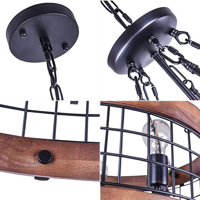 Farmhouse Wood Circular Chandelier Black Metal Cage 5-Light Exposed Bulbs