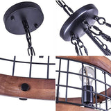Farmhouse Wood Circular Chandelier Black Metal Cage 5-Light Exposed Bulbs