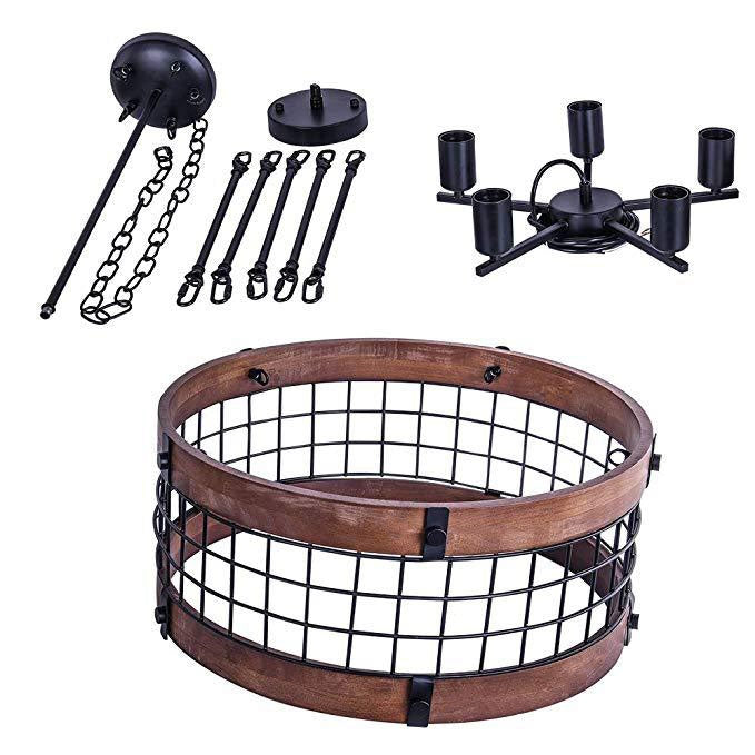 Farmhouse Wood Circular Chandelier Black Metal Cage 5-Light Exposed Bulbs