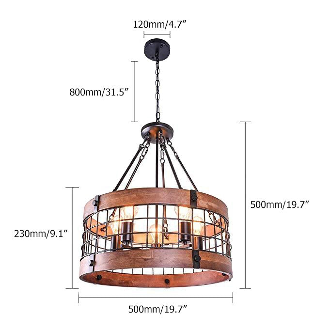 Farmhouse Wood Circular Chandelier Black Metal Cage 5-Light Exposed Bulbs