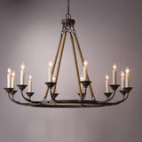 Bever Vintage Flaxen Hemp Rope & Metal 12-Light Rustic Round Candelabra Chandelier in Rust