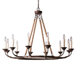 Bever Vintage Flaxen Hemp Rope & Metal 12-Light Rustic Round Candelabra Chandelier in Rust