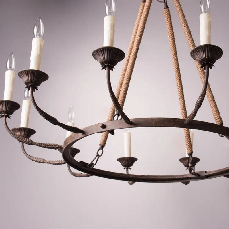 Bever Vintage Flaxen Hemp Rope & Metal 12-Light Rustic Round Candelabra Chandelier in Rust