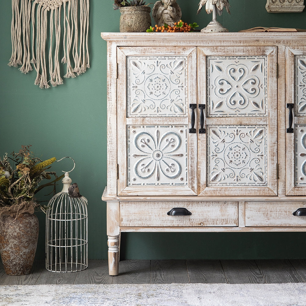 59" Farmhouse Distressed White Sideboard Buffet Artistic Surface with 4 Doors 3 Drawers 2 Shelves