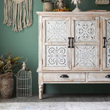 59" Farmhouse Distressed White Sideboard Buffet Artistic Surface with 4 Doors 3 Drawers 2 Shelves