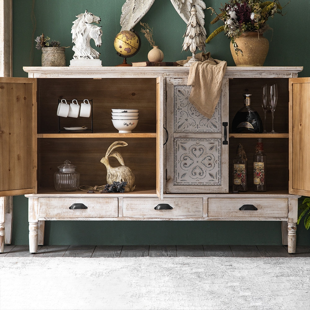 59" Farmhouse Distressed White Sideboard Buffet Artistic Surface with 4 Doors 3 Drawers 2 Shelves
