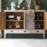 59" Farmhouse Distressed White Sideboard Buffet Artistic Surface with 4 Doors 3 Drawers 2 Shelves