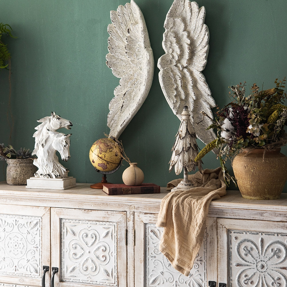 59" Farmhouse Distressed White Sideboard Buffet Artistic Surface with 4 Doors 3 Drawers 2 Shelves