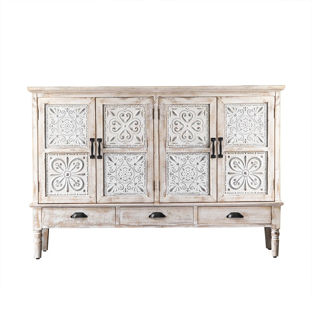 59" Farmhouse Distressed White Sideboard Buffet Artistic Surface with 4 Doors 3 Drawers 2 Shelves