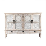 59" Farmhouse Distressed White Sideboard Buffet Artistic Surface with 4 Doors 3 Drawers 2 Shelves