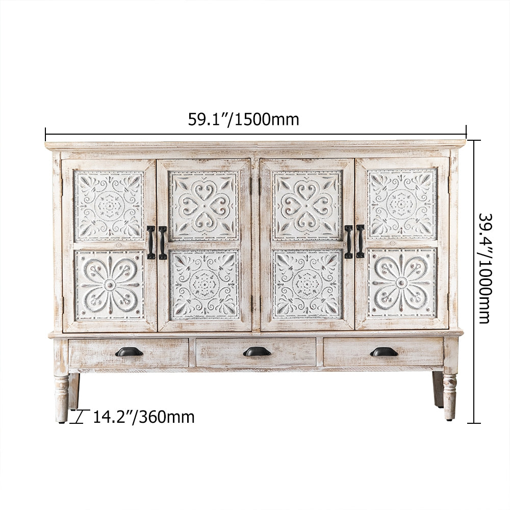 59" Farmhouse Distressed White Sideboard Buffet Artistic Surface with 4 Doors 3 Drawers 2 Shelves