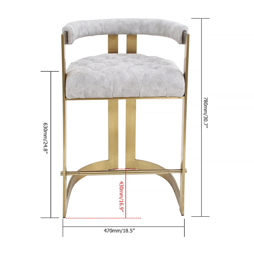 Modern Bar Height Bar Stool with Back Gray Velvet Upholstery Counter Stool in Gold