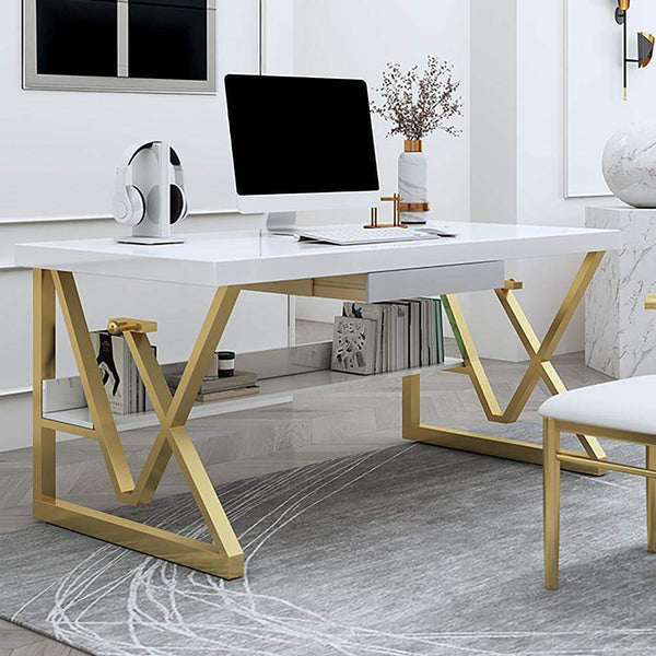 Modern White Rectangular Home Office Desk with Drawers in Gold Leg - White  / 70.9L x 23.6W x 29.5H