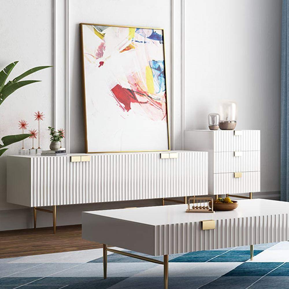 79" White TV Stand for 75 Inch TVs with Storage 4 Doors Gold Handles-Richsoul-Furniture,Living Room Furniture,TV Stands