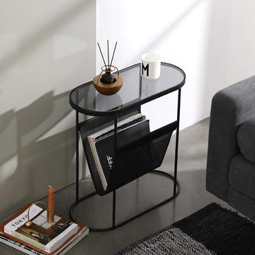 Modern Side Table Black End Table Metal Accent Oval Table Magazine Holder Sofa Table-Richsoul-End & Side Tables,Furniture,Living Room Furniture