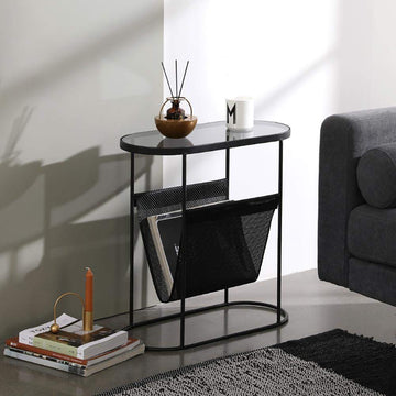 Modern Side Table Black End Table Metal Accent Oval Table Magazine Holder Sofa Table-Richsoul-End & Side Tables,Furniture,Living Room Furniture