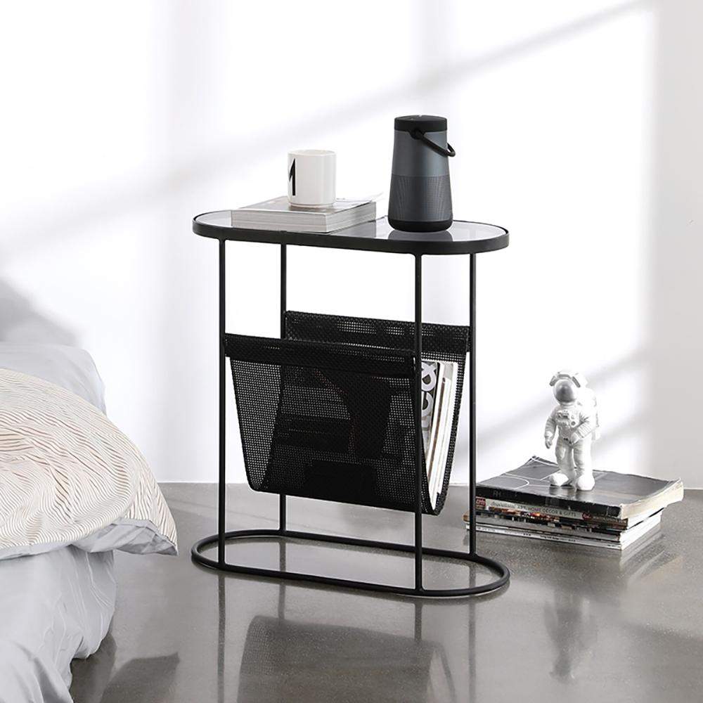 Modern Side Table Black End Table Metal Accent Oval Table Magazine Holder Sofa Table-Richsoul-End & Side Tables,Furniture,Living Room Furniture