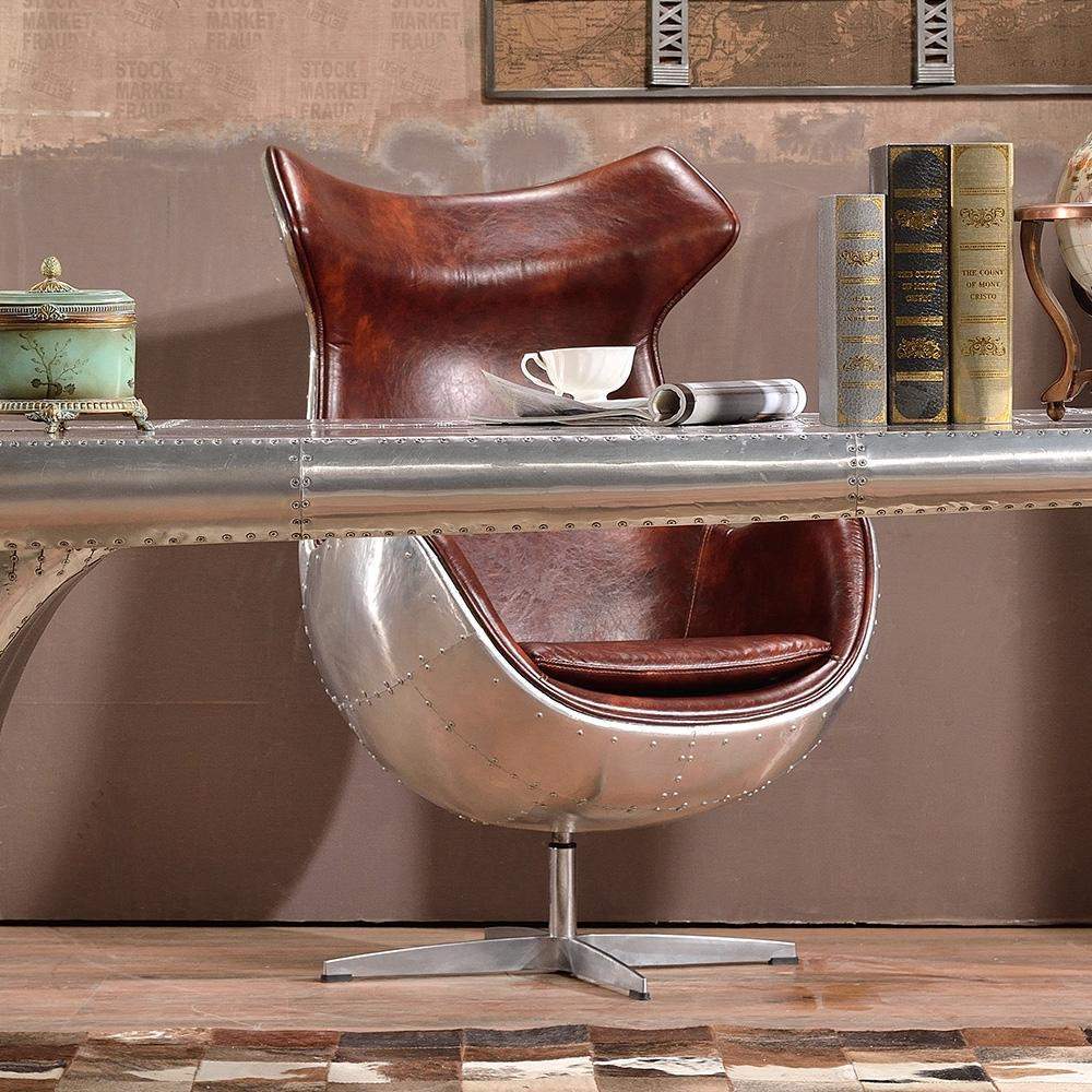 Retro Brown & Silver Leather Upholstered Accent Chair Aluminum Alloy Frame-Chairs & Recliners,Furniture,Living Room Furniture