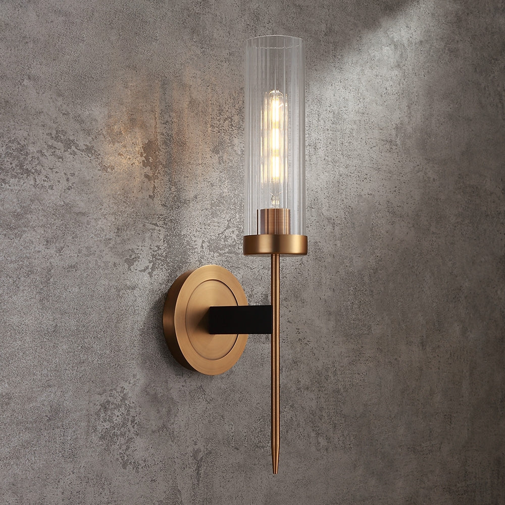 Modern Minimalist 1-Light Cylinder Clear Ribbed Glass Shade Wall Sconces in Gold&Black
