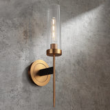 Modern Minimalist 1-Light Cylinder Clear Ribbed Glass Shade Wall Sconces in Gold&Black