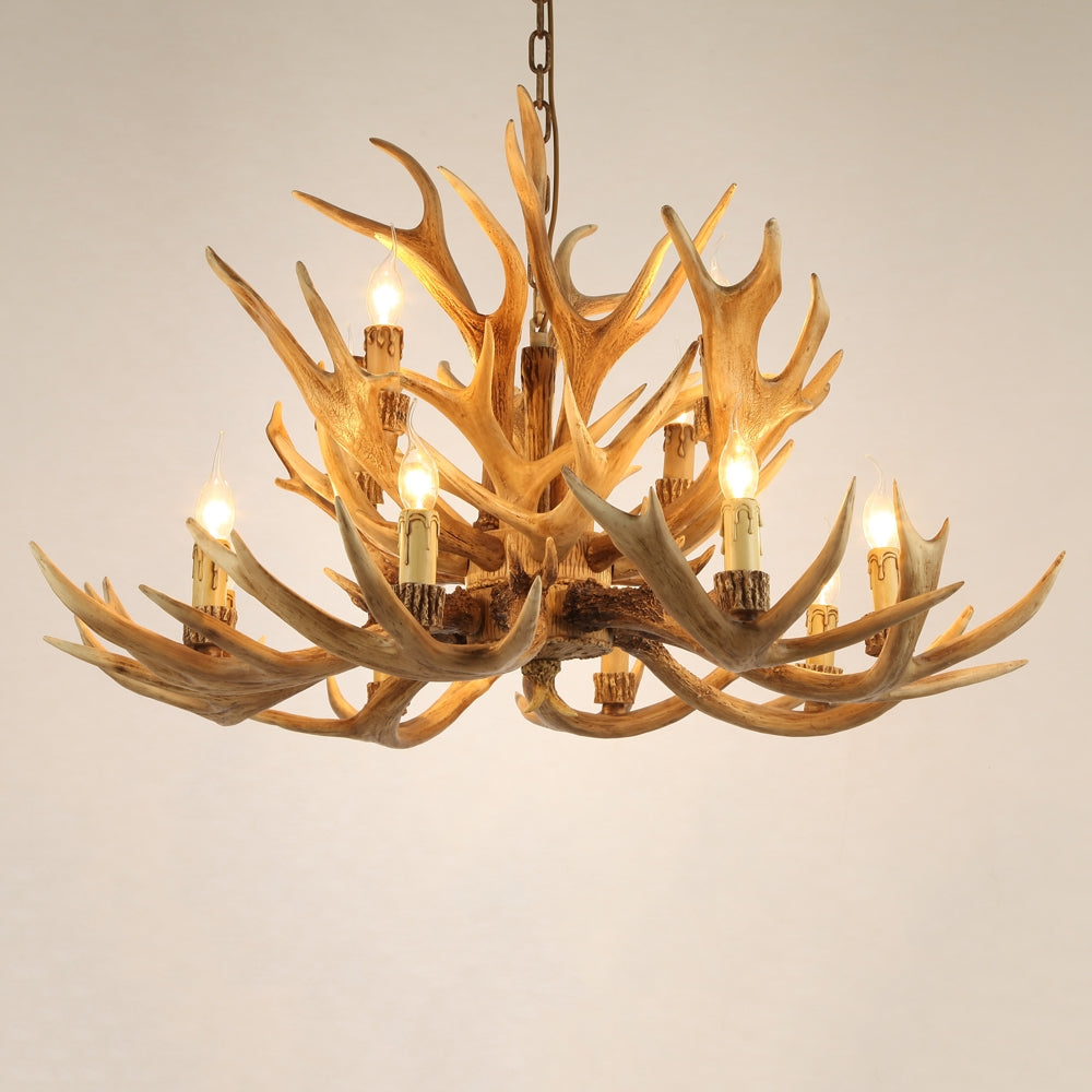Rustic Style Resin Antler Whitetail Branch 2-Tier 12 Candle Light Large Cascade Chandelier