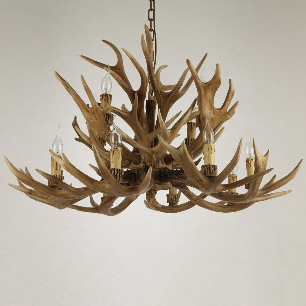 Rustic Style Resin Antler Whitetail Branch 2-Tier 12 Candle Light Large Cascade Chandelier