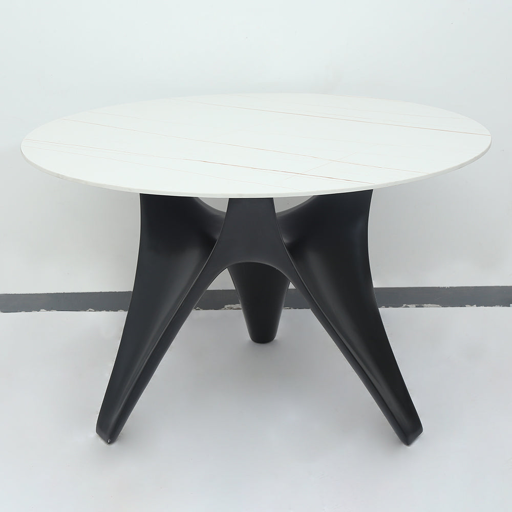 47.2" Round White Faux Marble Dining Table Black Base