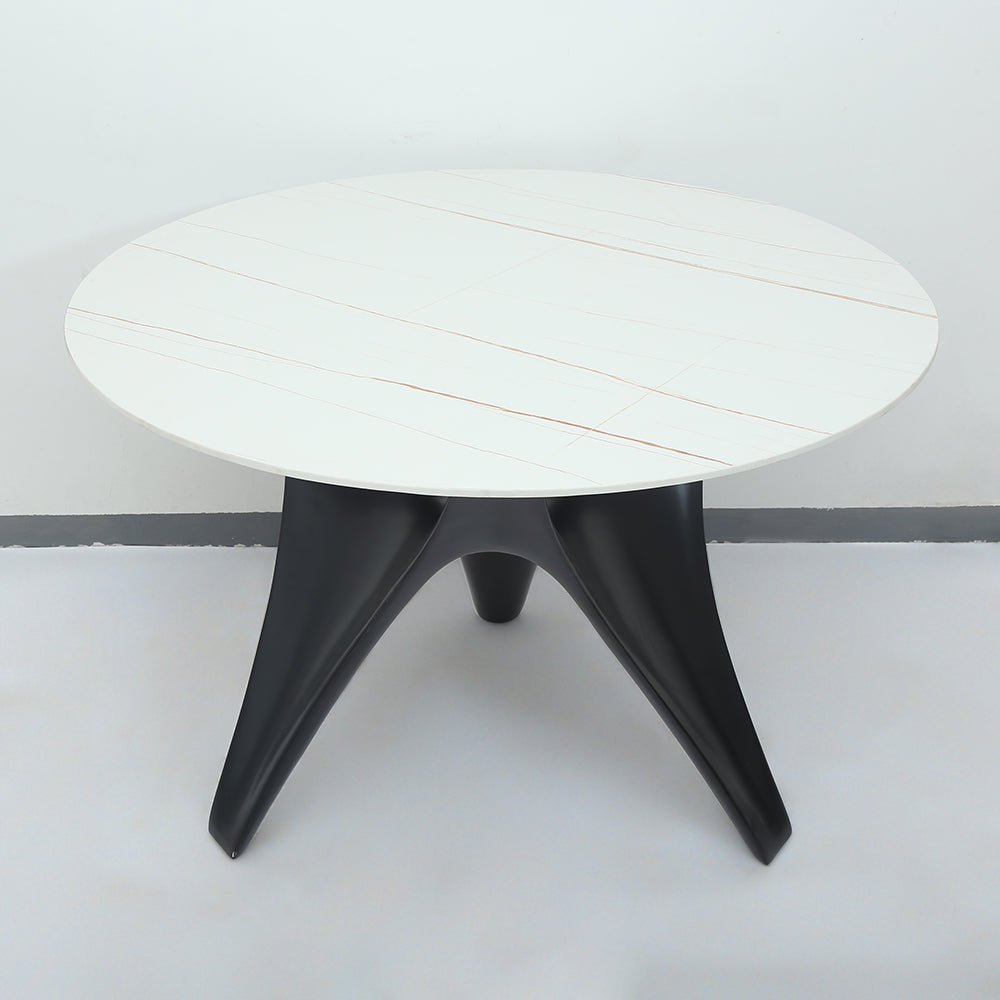47.2" Round White Faux Marble Dining Table Black Base
